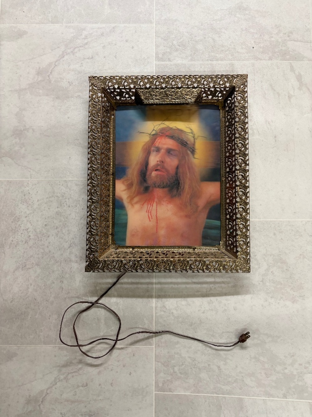 Vintage Jesus Illuminate Picture Metal Frame lamp Lenticular / Holographic 1970’